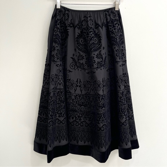 Vintage Dresses & Skirts - Y2K Vintage MSK Full Velvet Flocked Swing Skirt Black Floral Geometric Patterns